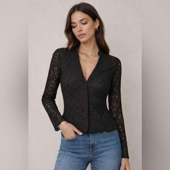 Kate Hill Tops - Kate Hill Black Lace Shirt Jacket Snap Button Blouse Size 10